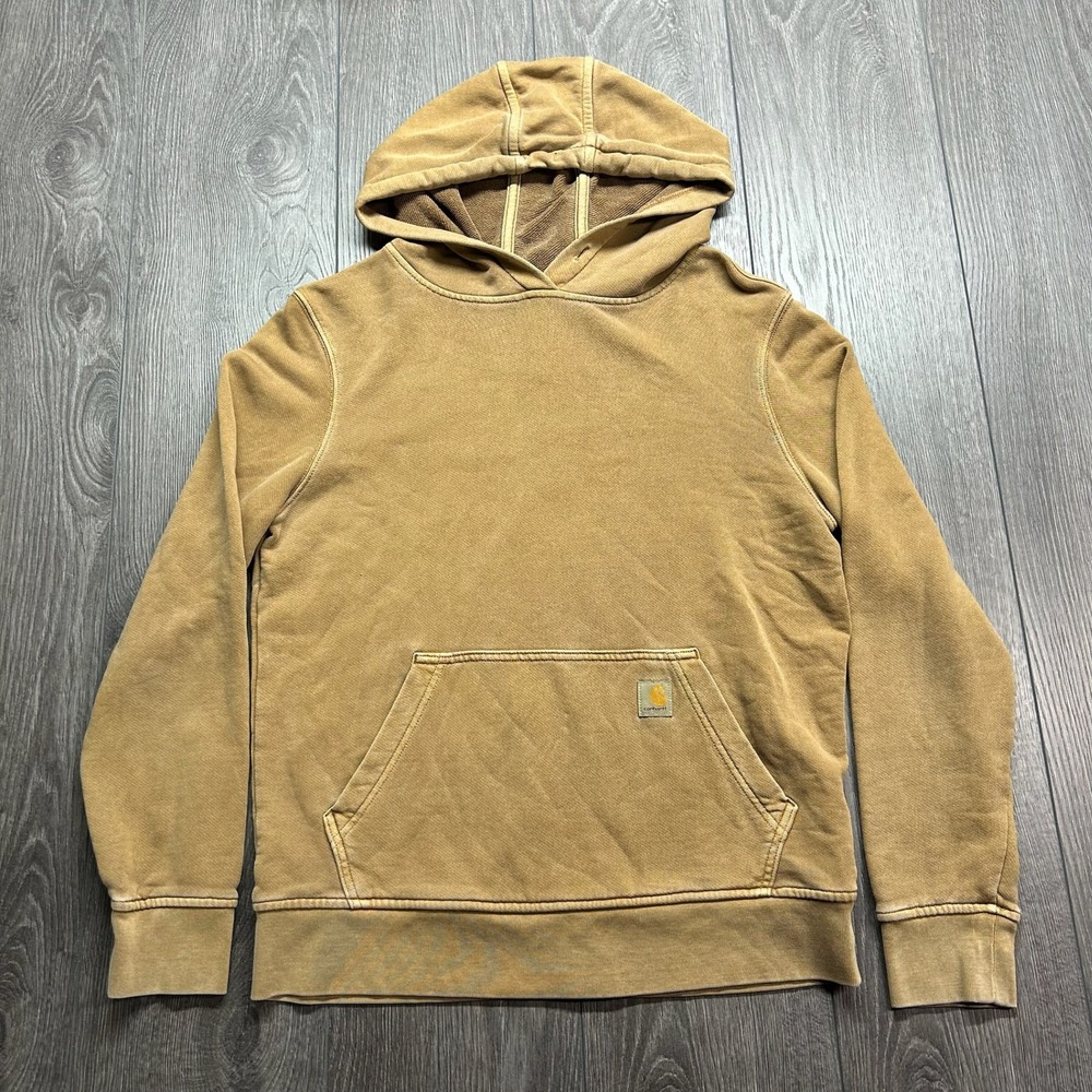 Carhartt Relaxed Fit Hoodie Mens Small Tan Brown Faded Logo Sweatshirt Workwear